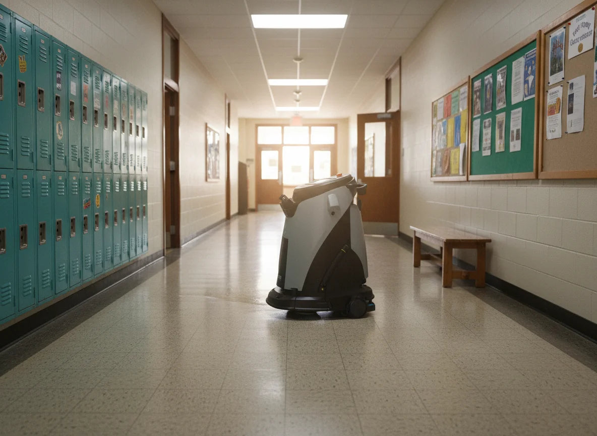 Gausium Omnie Reinigungsroboter bei der autonomen Bodenreinigung in einem Schulflur.