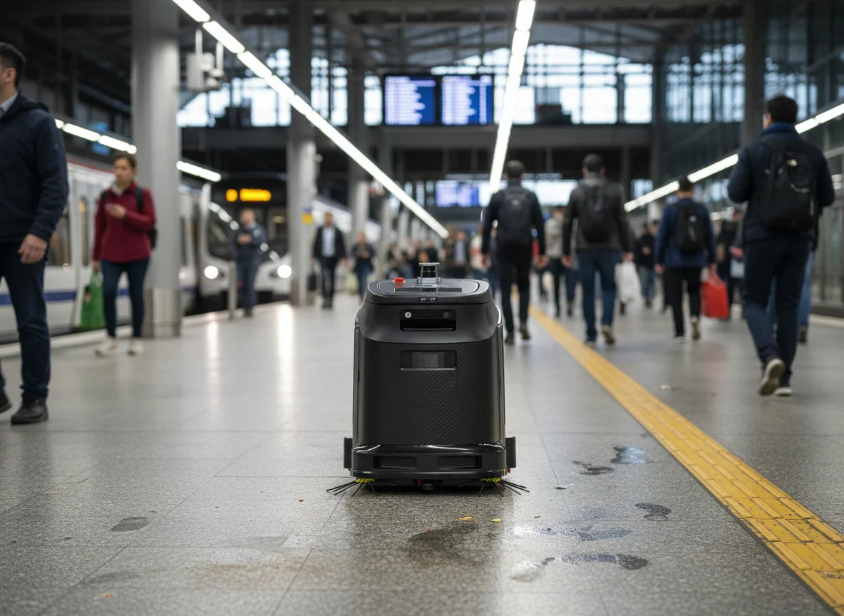 Gausium Phantas Reinigungsroboter bei der autonomen Bodenreinigung in einem Bahnhof.