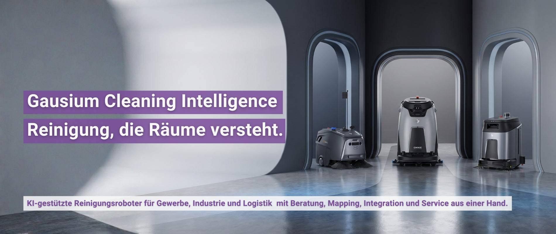 Gausium Reinigungsroboter für Gewerbe, Industrie und Logistik in moderner Architekturkulisse