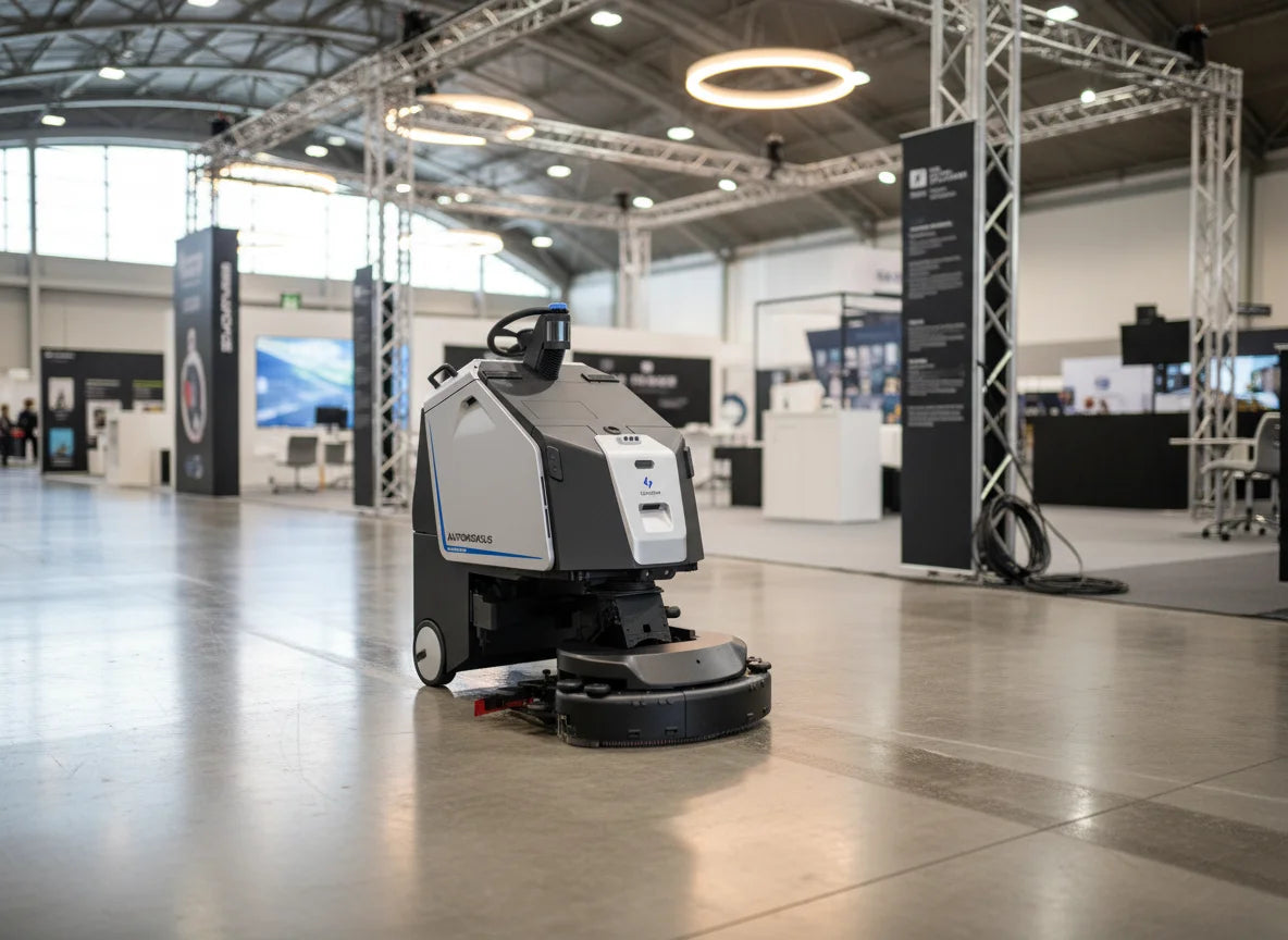 Gausium Scrubber 75 Scheuersaugroboter bei der autonomen Bodenreinigung in einer modernen Messehalle.