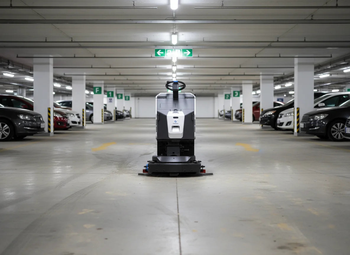 Gausium Scrubber 75 Scheuersaugroboter bei der autonomen Bodenreinigung in einem Parkhaus.