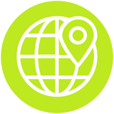 Grünes Symbol mit Weltkugel und Standortpin steht für globale digitale Verkaufsprozesse