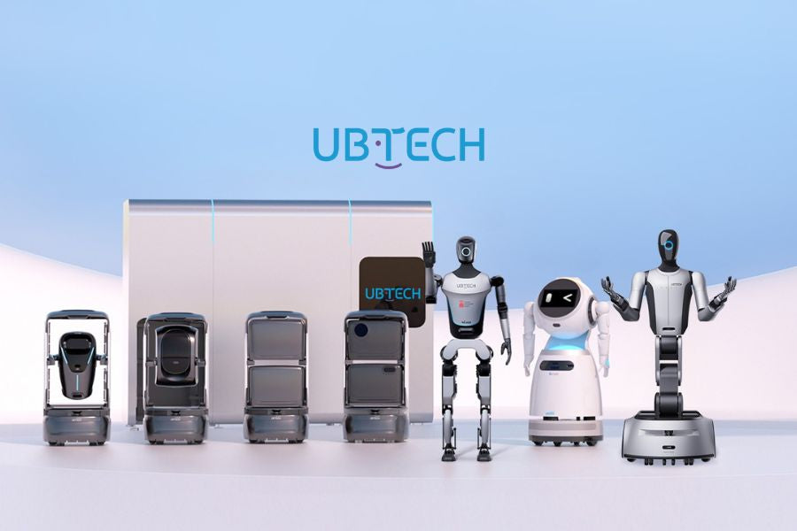 Produktpalette von UBTECH mit mehreren Service und Logistikrobotern vor hellem hellblauem Hintergrund