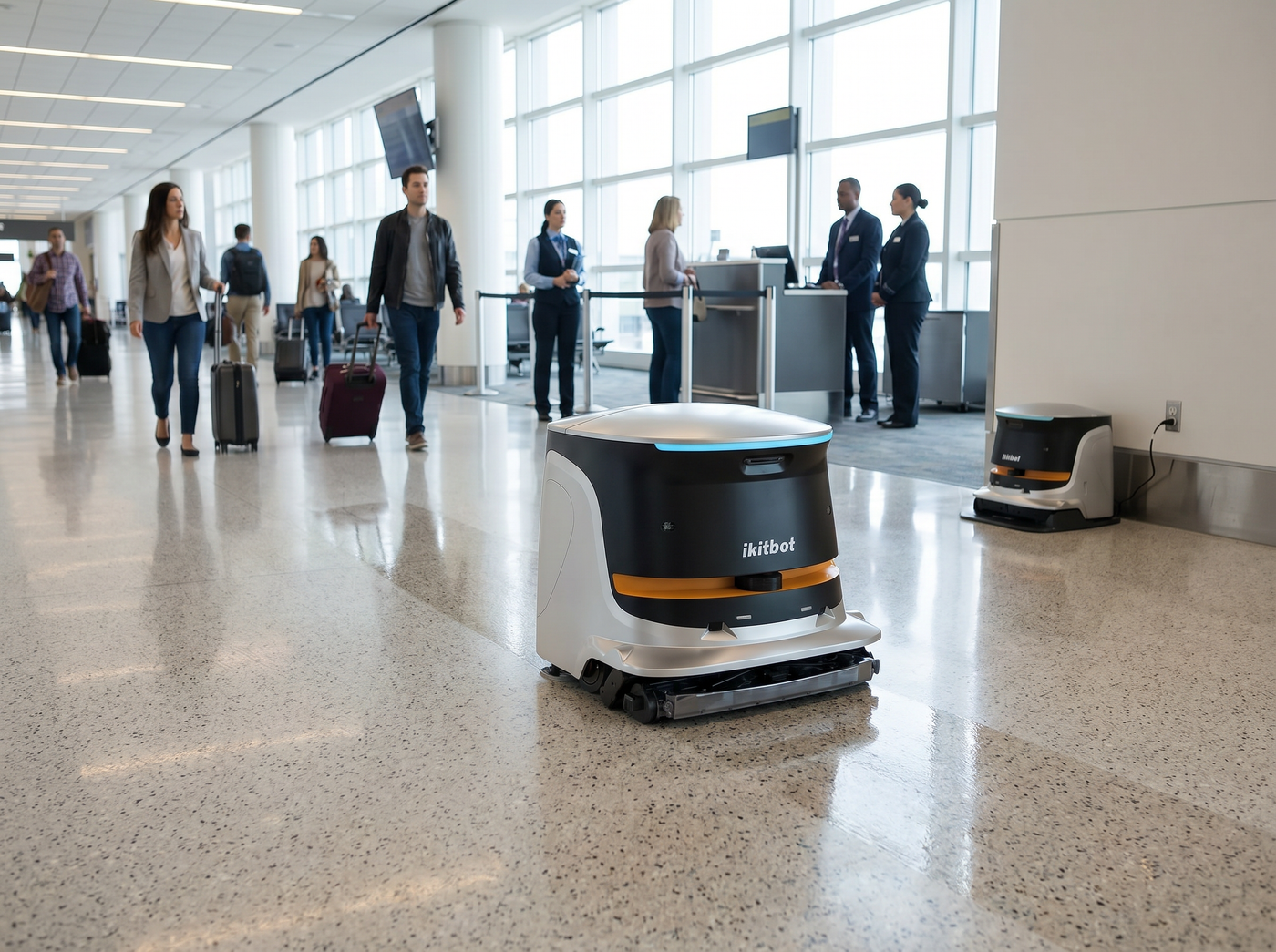 IKITBOT S55 Pro Reinigungsroboter bei der autonomen Bodenreinigung in einem modernen Flughafenterminal.