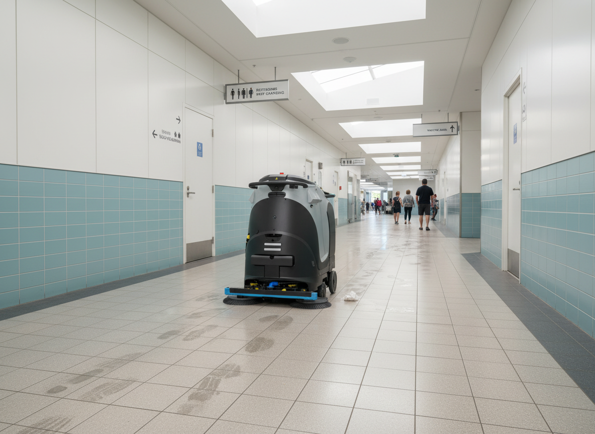 Autonomer Reinigungsroboter bei der Bodenreinigung in einem hellen Innenkorridor.