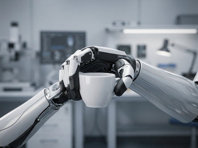 Dextere Roboterhand an einem humanoiden Roboter bei einer präzisen Greifbewegung