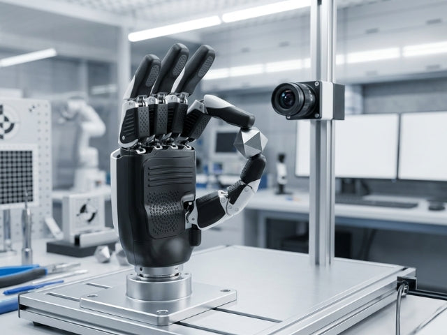 Roboterhand in einem Forschungslabor beim Greifen eines technischen Testobjekts