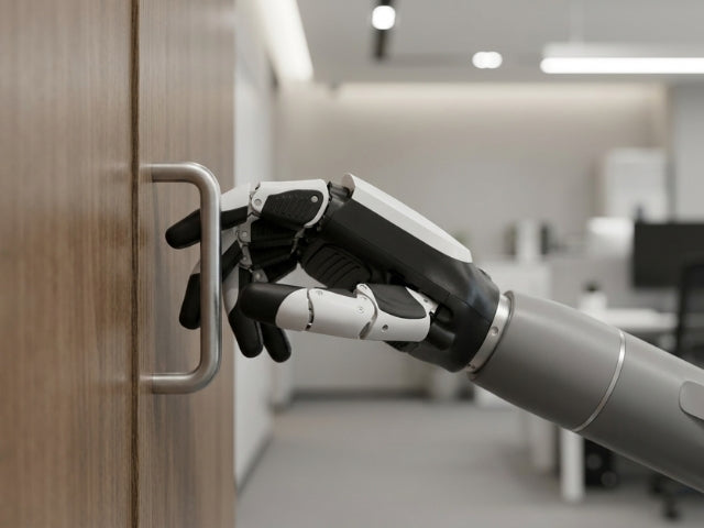 Roboterhand eines Serviceroboters beim kontrollierten Bedienen eines mechanischen Griffs