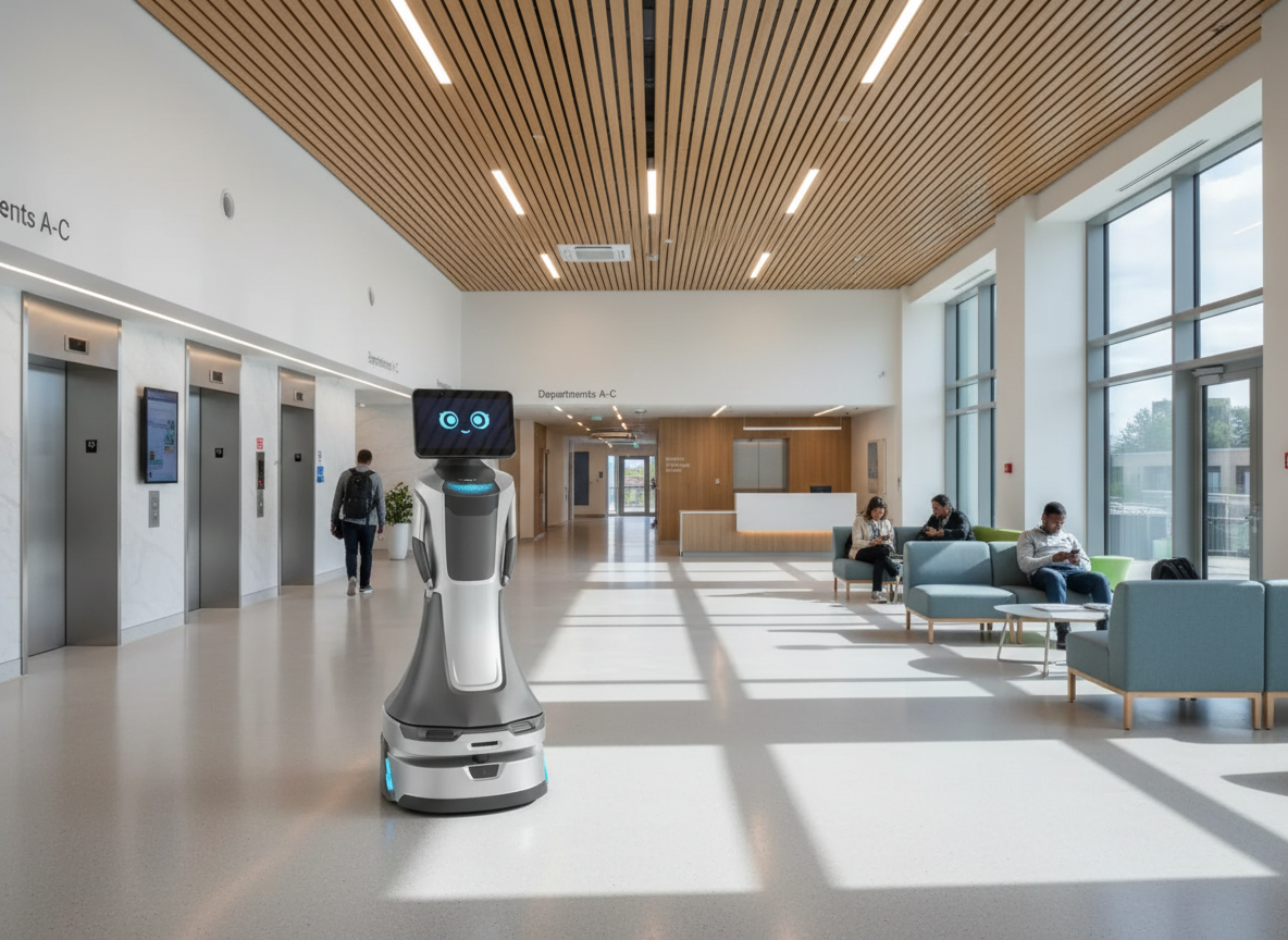 Serviceroboter in einer modernen Klinik-Lobby zur Besucherinformation und Orientierung im Patientenbereich.