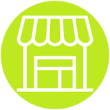 Icon eines kleinen Einzelhandelsladens mit Markise auf grünem Kreis Hintergrund