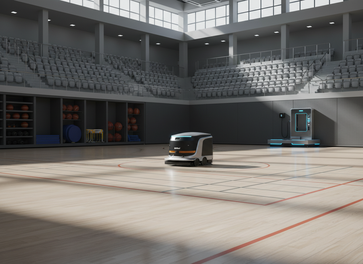Autonomer Saugroboter IkitBot ONE S55 Pro bei der Bodenreinigung in einer Sporthalle - Terra Robotics.