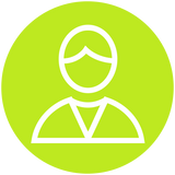 Weißes Symbol einer Person mit kurzem Haar und V-Ausschnitt auf grünem Kreis als Mensch-Icon