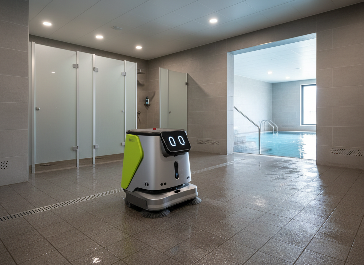 Autonomer Reinigungsroboter Gausium Scrubber 75 bei der Fliesenreinigung in einem Schwimmbad im Duschbereich – Terra Robotics.