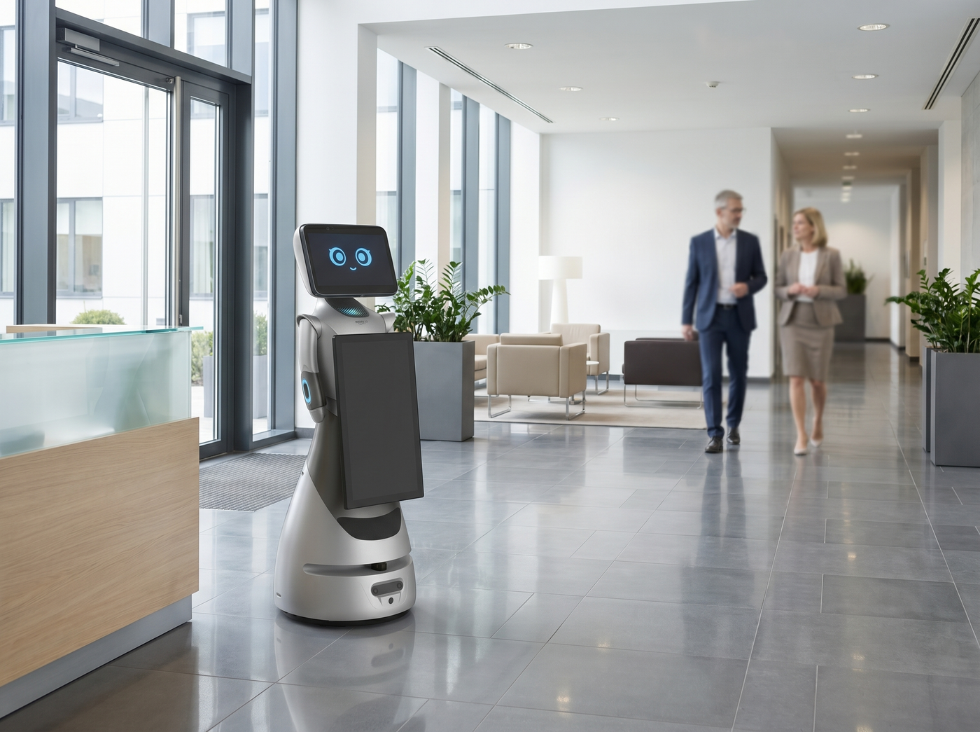 OrionStar GreetingBot AD im Eingangsbereich eines Bürogebäudes zur Besucheransprache