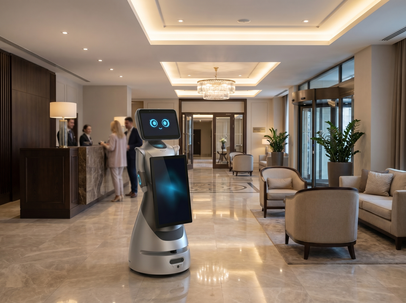 OrionStar GreetingBot AD in Hotel Lobby für digitale Gästeinformation und Begrüßung