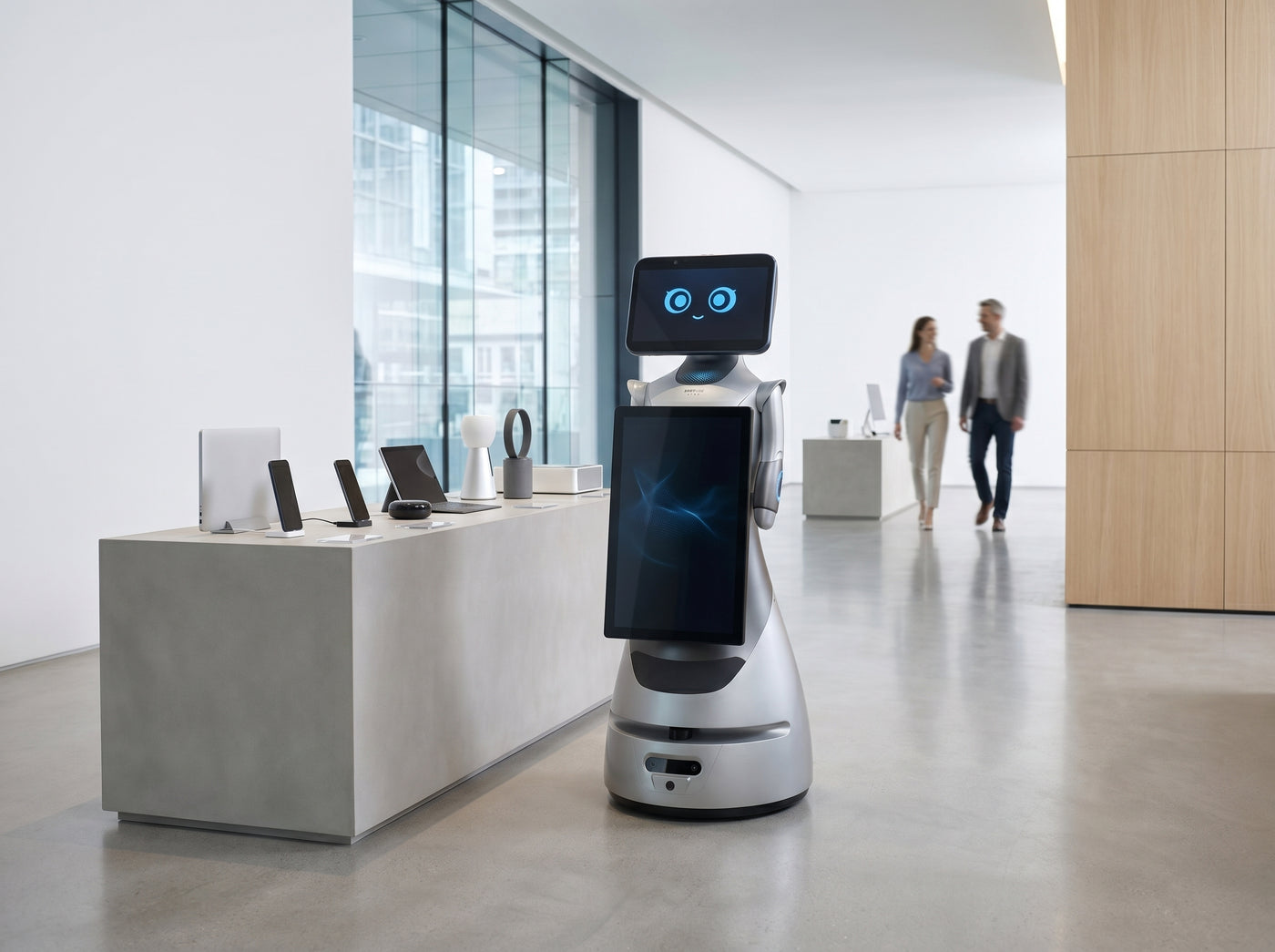 OrionStar GreetingBot AD im Showroom für Produktinformationen und digitale Markenpräsentation