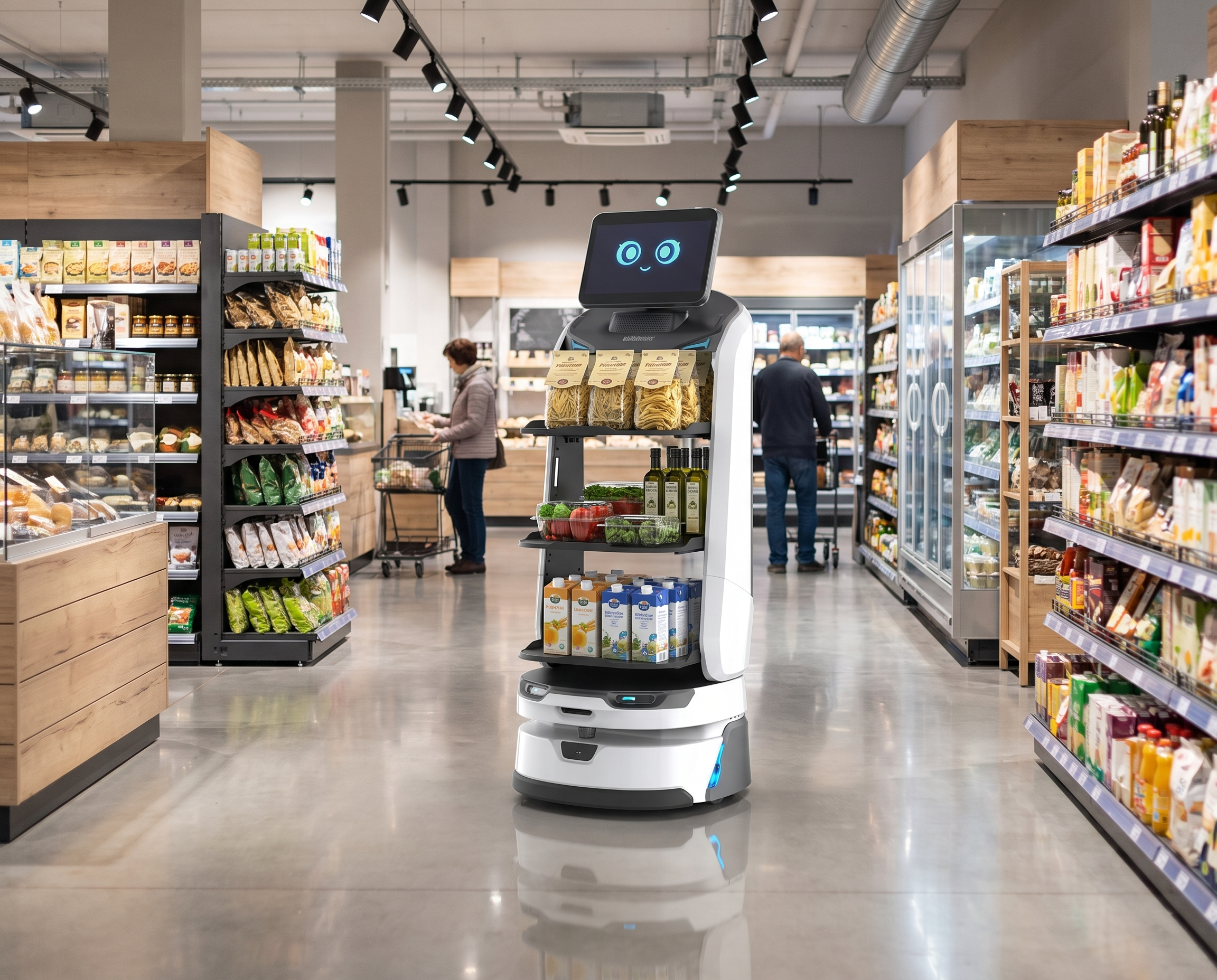 OrionStar LuckiBot Pro im modernen Supermarkt als autonomer Service- und Präsentationsroboter im Einzelhandel