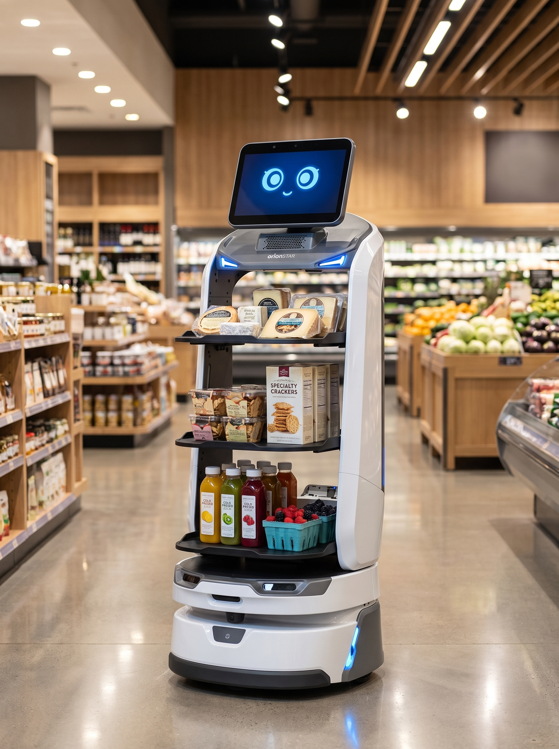 OrionStar LuckiBot Pro im Supermarkt bei der autonomen Produktpräsentation und Kundenunterstützung im Einzelhandel
