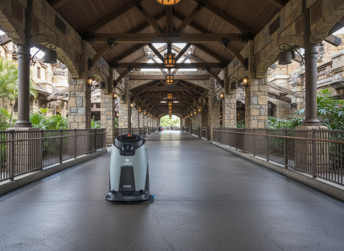 Autonomer Reinigungsroboter bei der Bodenreinigung auf einer überdachten Parkpromenade.