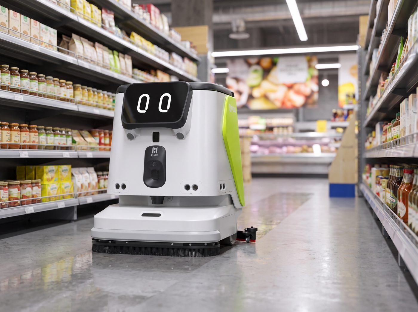PUDU CC1 Pro Disc bei der autonomen Bodenreinigung in einem Einkaufszentrum