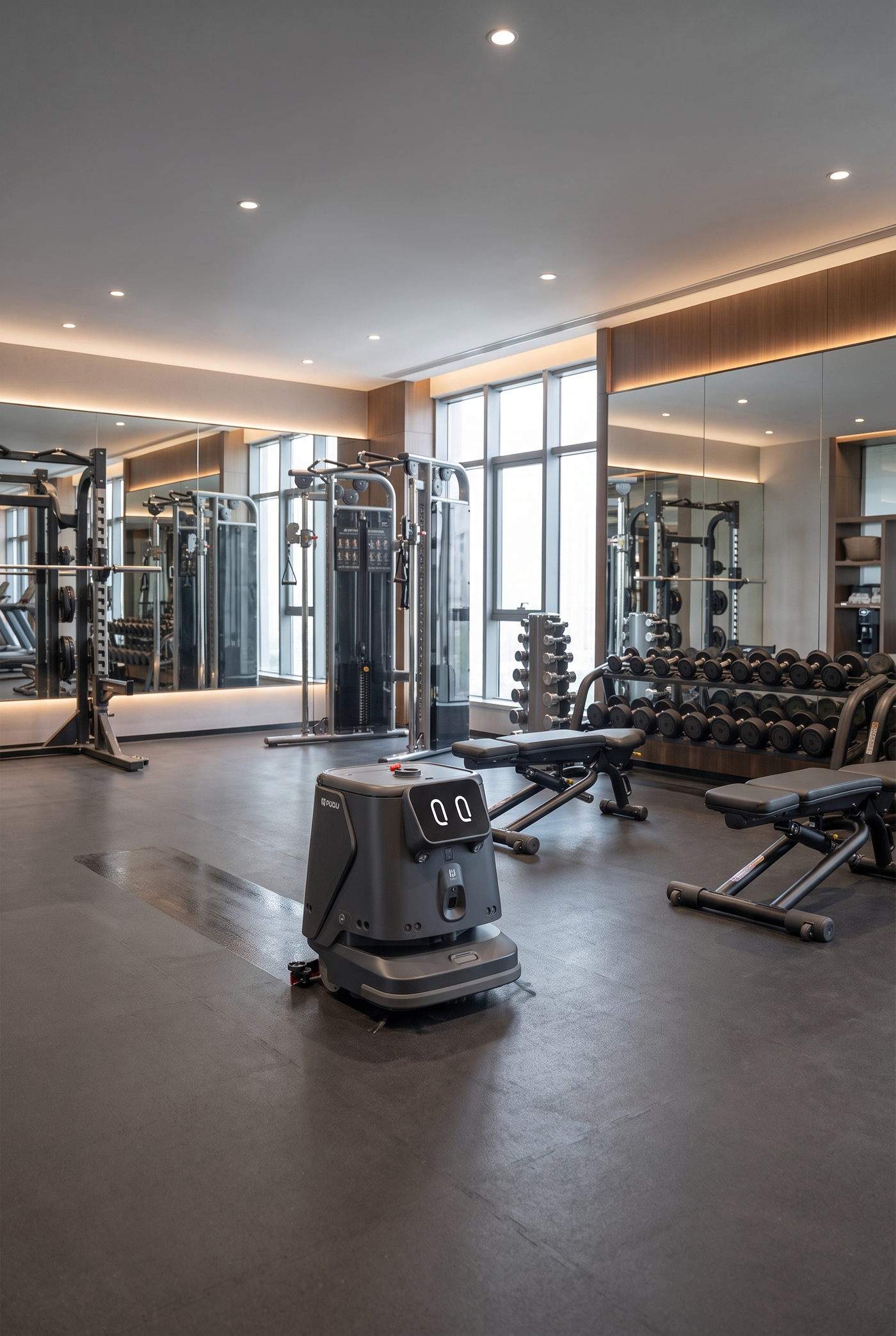 PUDU CC1 Pro im Umkleide- und Hygienebereich eines Fitnessstudios bei der autonomen Bodenreinigung