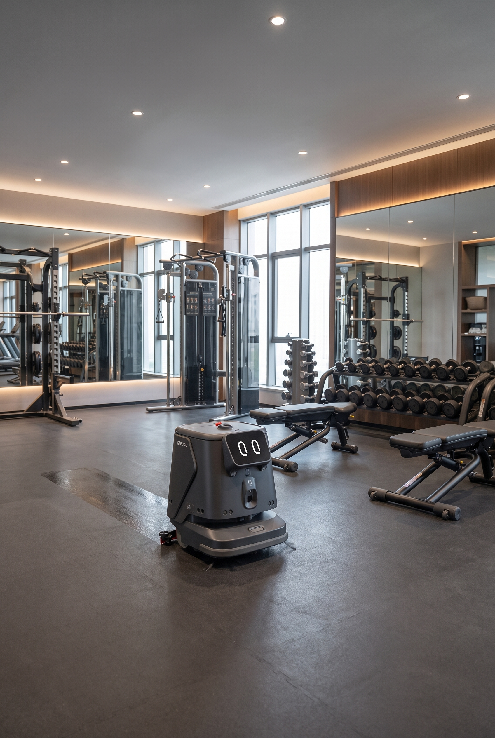 PUDU CC1 Pro im Umkleide- und Hygienebereich eines Fitnessstudios bei der autonomen Bodenreinigung