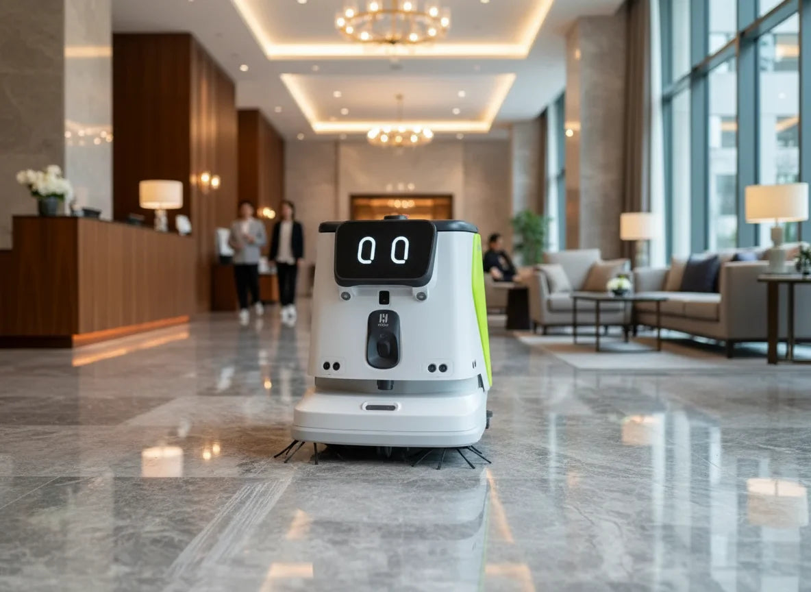 PUDU CC1 Pro Reinigungsroboter bei der autonomen Bodenreinigung in einer Hotellobby.