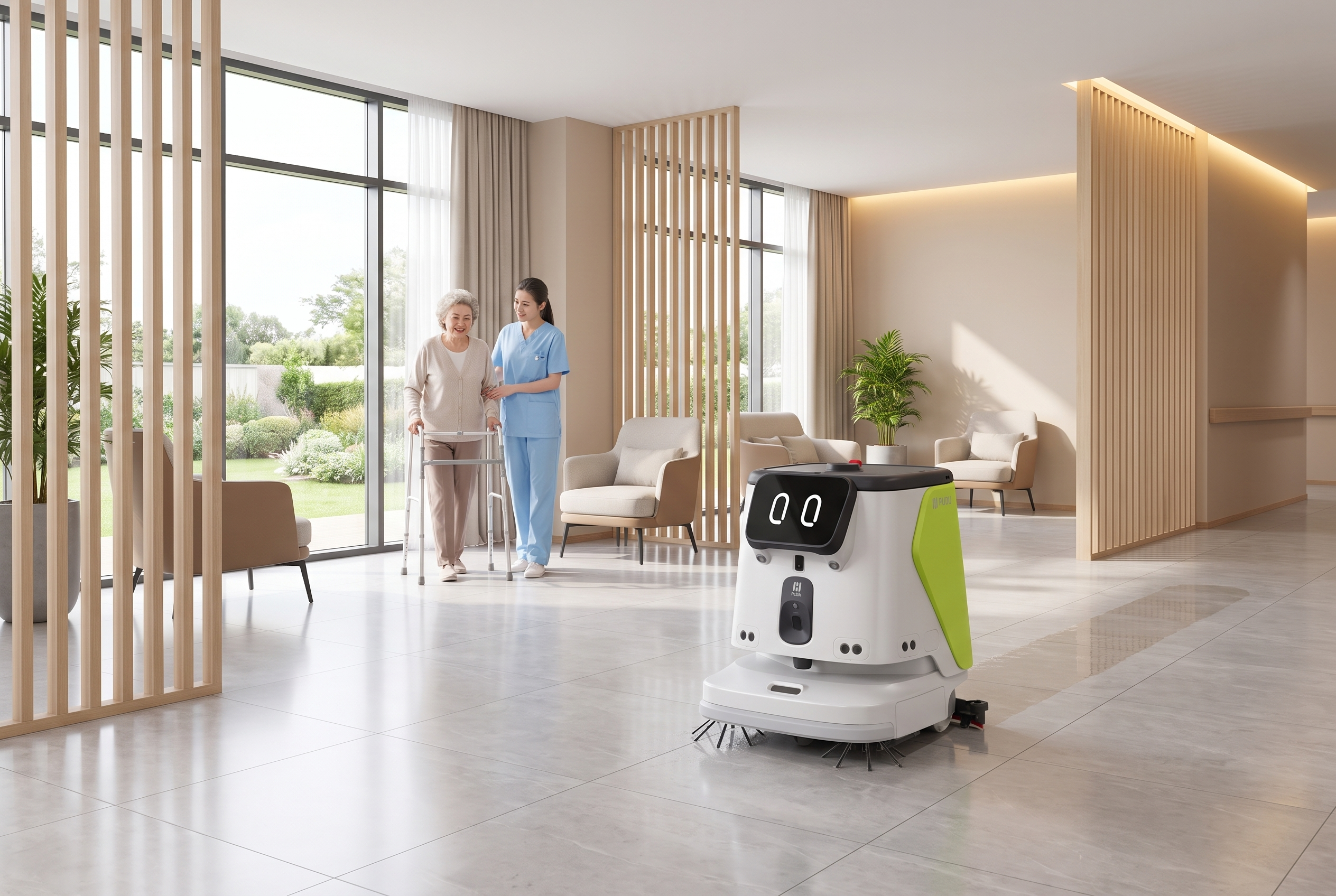 PUDU CC1 Reinigungsroboter im modernen Krankenhaus oder Pflegebereich bei der autonomen Bodenreinigung