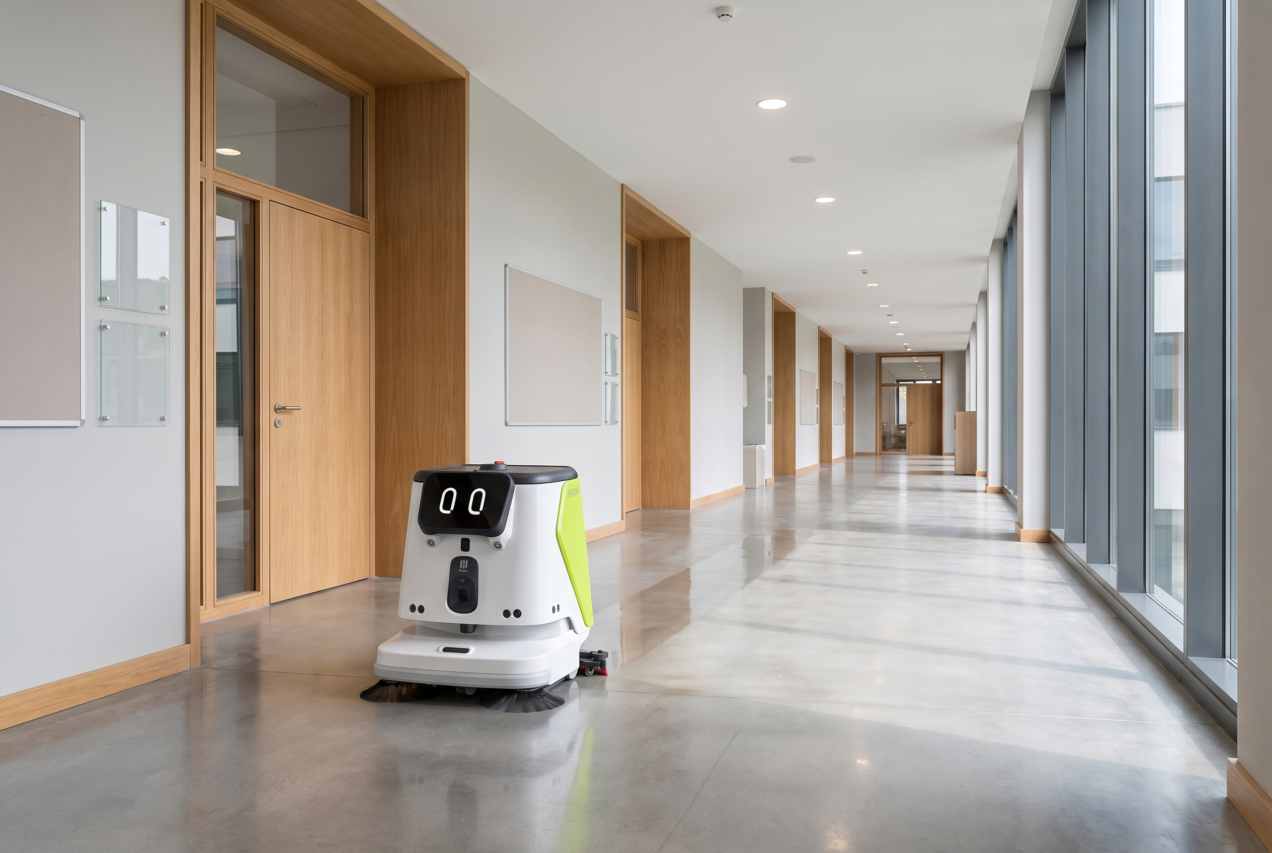 PUDU CC1 Reinigungsroboter im modernen Schul- oder Universitätsflur bei der autonomen Bodenreinigung