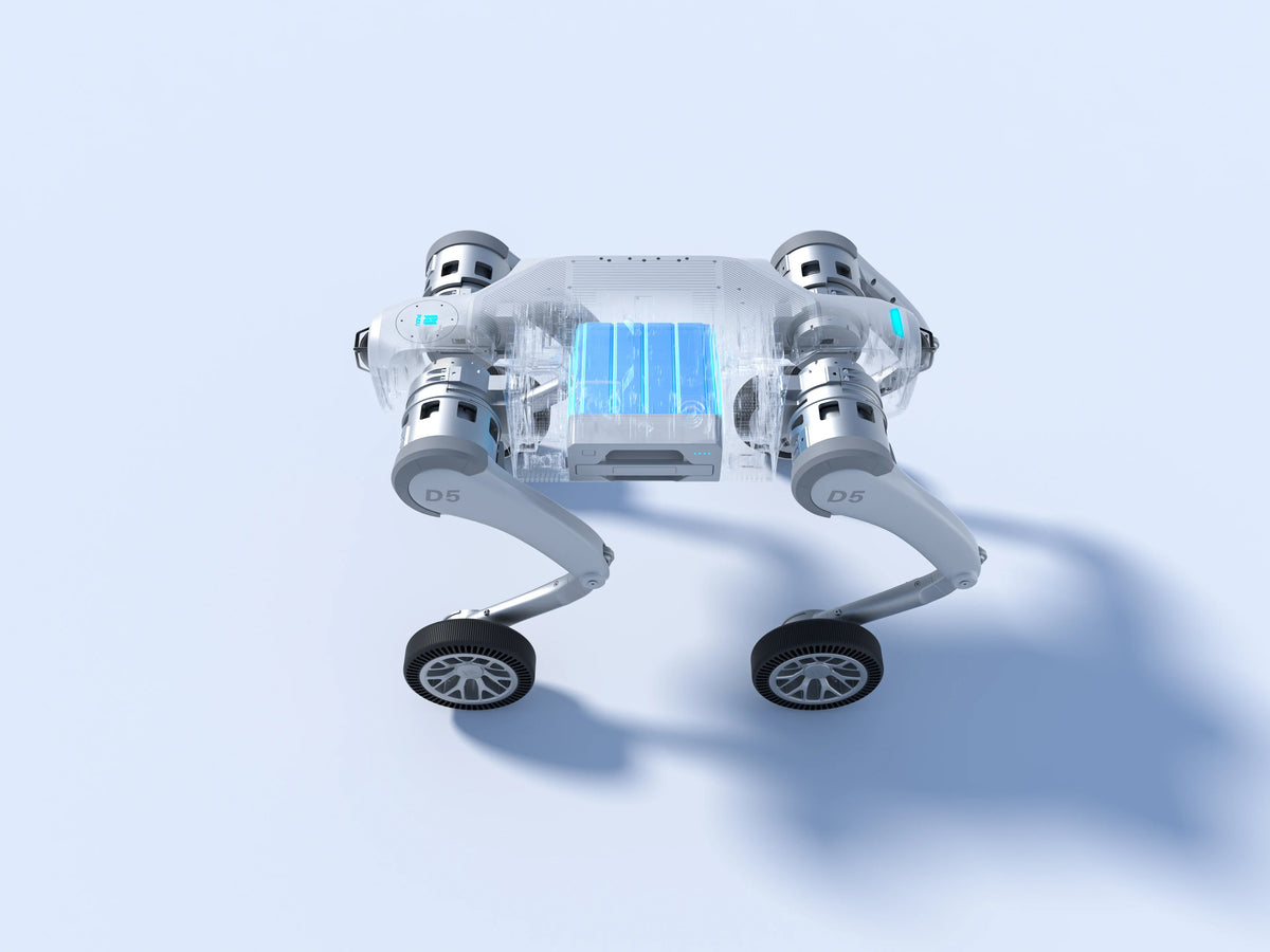 PUDU D5 Roboterhund mit transparenter Darstellung des integrierten Batteriesystems.