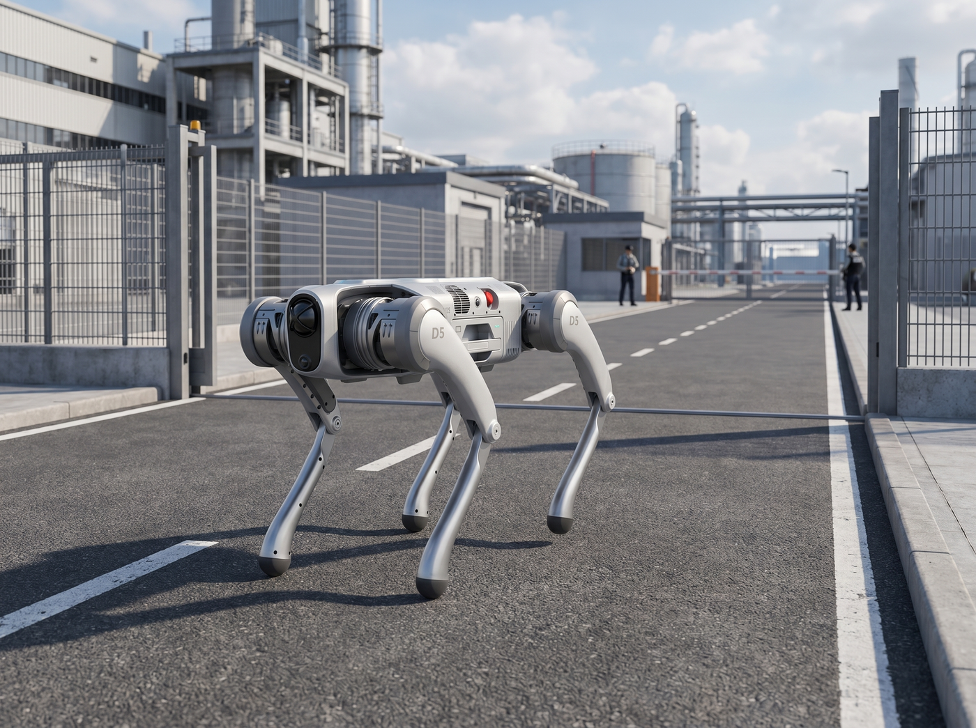 PUDU D5 Roboterhund bei autonomem Sicherheitsrundgang auf einem weitläufigen Außengelände