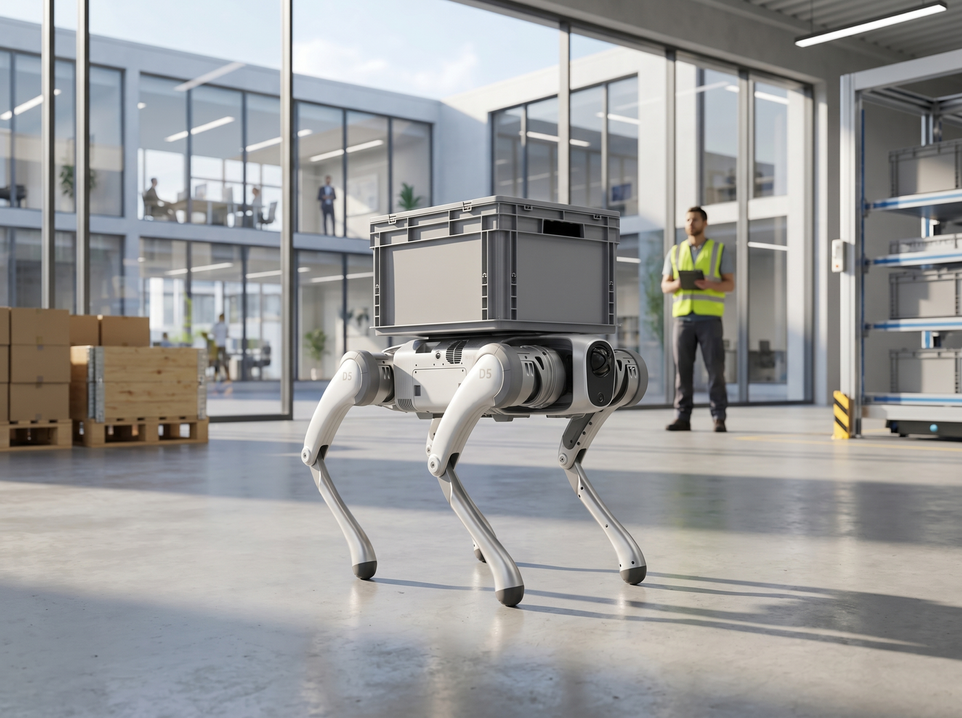 PUDU D5-W Rad-Bein-Roboter mit Transportbox für innerbetriebliche Logistik