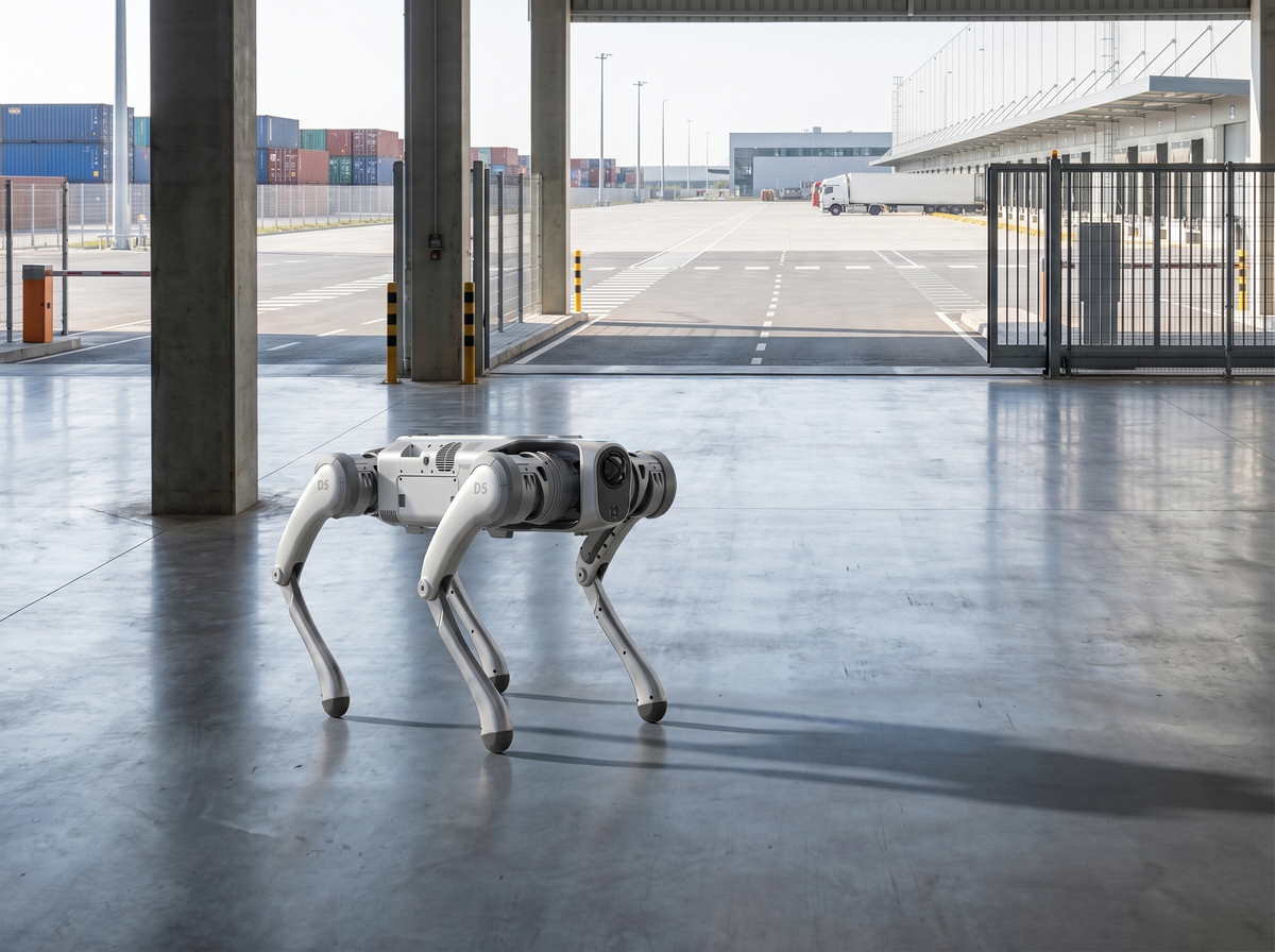 PUDU D5 Roboterhund aus der Vogelperspektive in einer Test- und Forschungsumgebung
