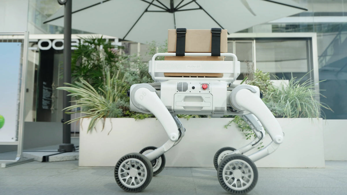 PUDU D5 Roboterhund beim autonomen Pakettransport im Outdoor-Bereich.