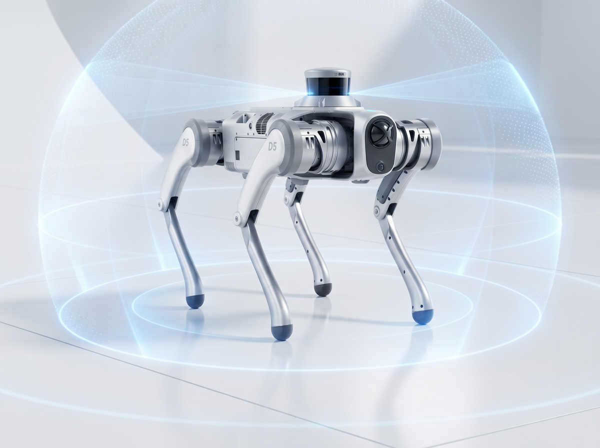 PUDU D5 Vierbeinroboter mit sichtbarer Sensorik für technische Industrieinspektionen