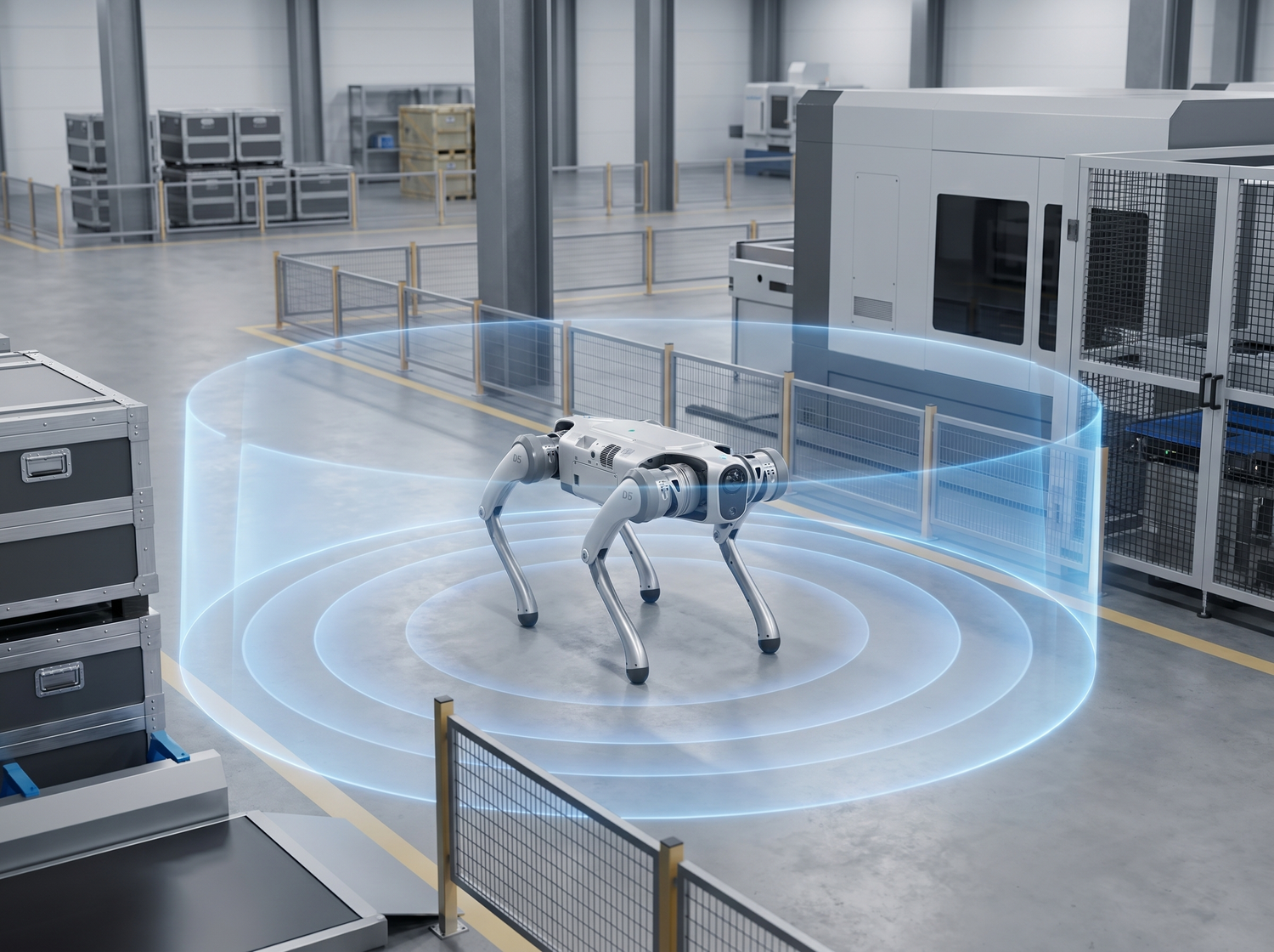 DOBOT D5 Roboterhund in einer Industriehalle mit Sensorfeld zur autonomen Navigation und Anlageninspektion.