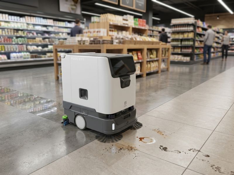 PUDU ET1 Reinigungsroboter bei der adaptiven Bodenreinigung in einem Supermarkt