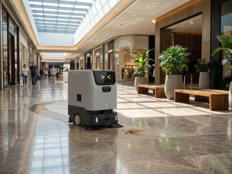 PUDU ET1 Reinigungsroboter bei der autonomen Bodenreinigung in einem Einkaufszentrum