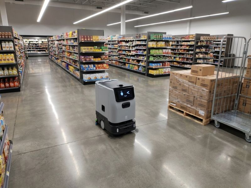 PUDU ET1 Reinigungsroboter beim automatischen Mapping und der autonomen Navigation in einem Supermarkt