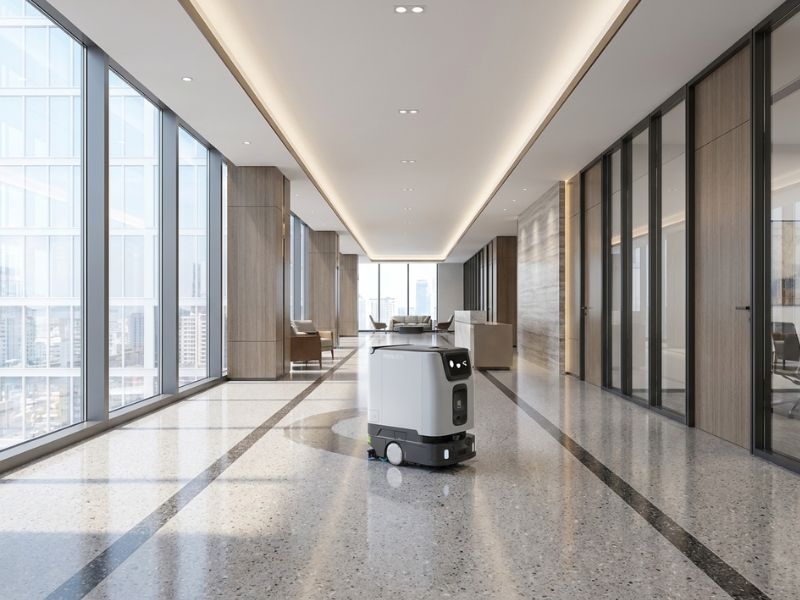 PUDU ET1 bei der autonomen Bodenreinigung in einem Bürogebäude