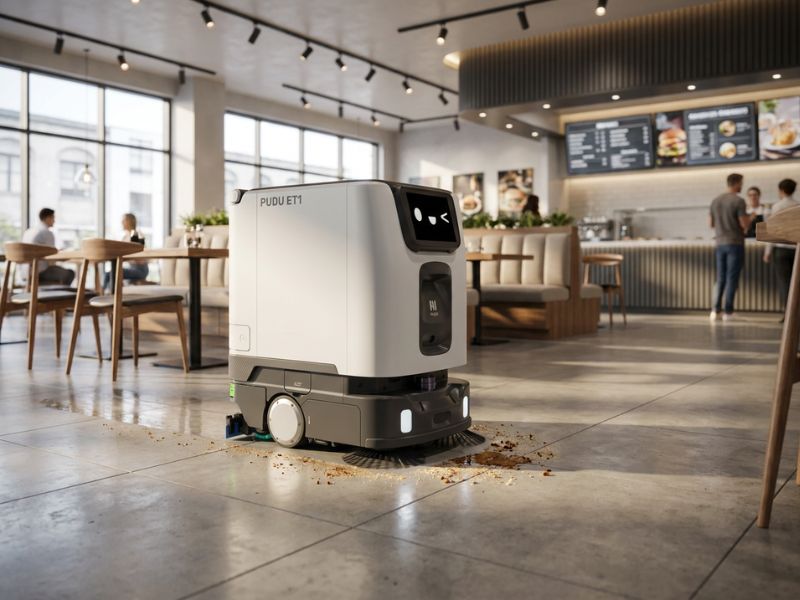 PUDU ET1 bei der autonomen Bodenreinigung in einem Gastronomiebereich