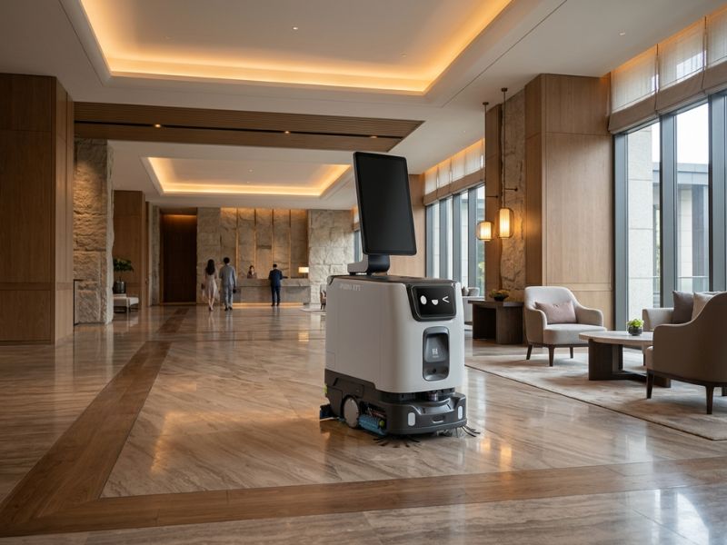 PUDU ET1 bei der autonomen Bodenreinigung in einem Hotel