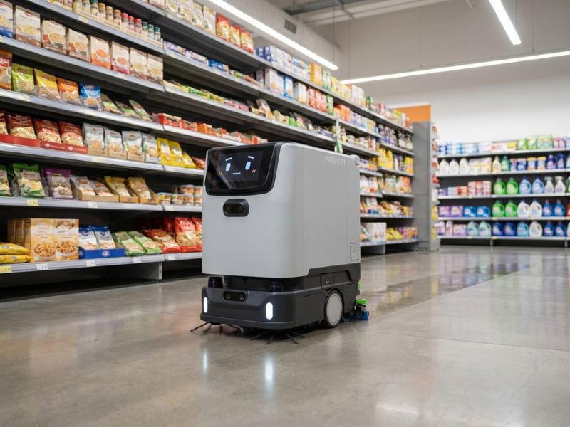 PUDU ET1 bei der autonomen Bodenreinigung in einem Supermarkt