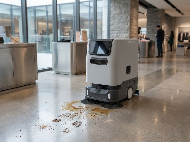 PUDU ET1 Reinigungsroboter erkennt und reinigt Verschmutzungen auf dem Boden im Einzelhandel