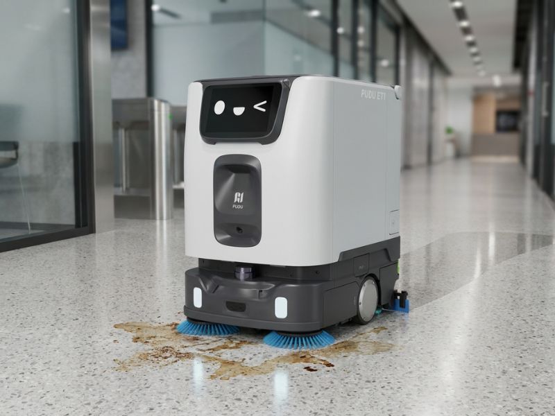 PUDU ET1 Reinigungsroboter erkennt und beseitigt Verschmutzungen auf Hartboden in einem modernen Gebäude