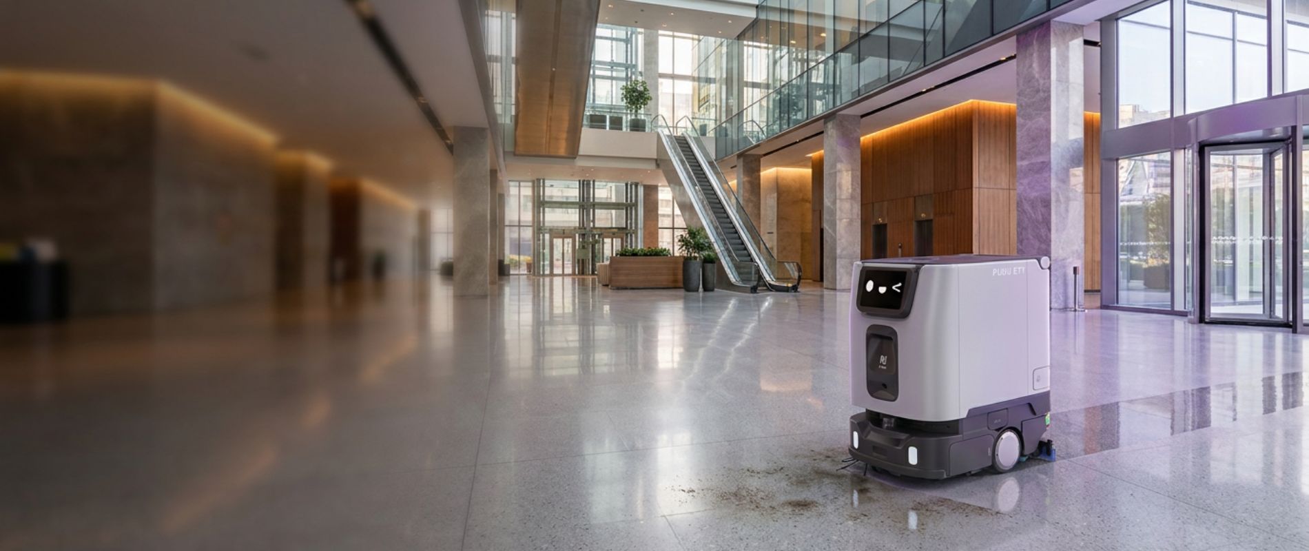PUDU ET1 Reinigungsroboter bei der autonomen Bodenreinigung in einer modernen Eingangshalle