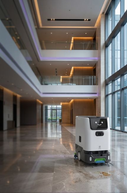 PUDU ET1 Reinigungsroboter bei der autonomen Bodenreinigung in einer modernen Eingangshalle
