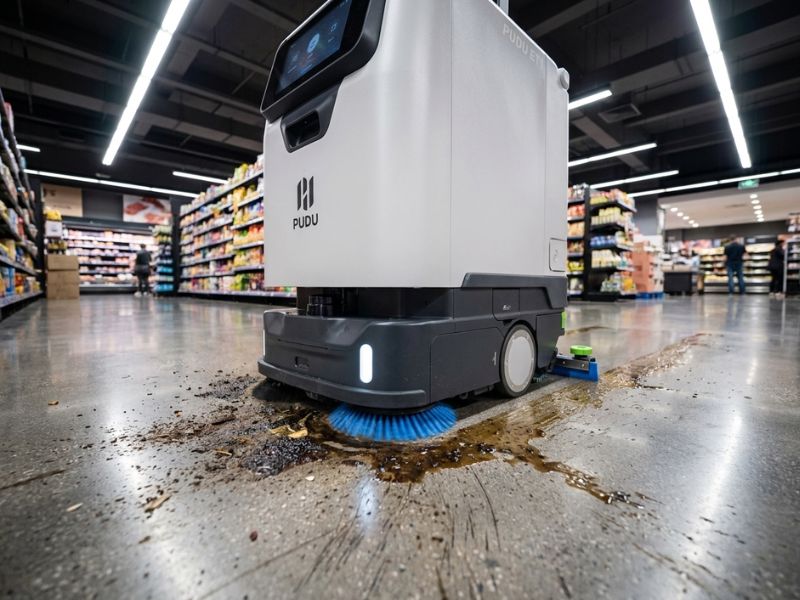PUDU ET1 Reinigungsroboter bei der intensiven Entfernung hartnäckiger Verschmutzungen auf Hartboden im Supermarkt