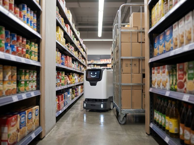 PUDU ET1 Reinigungsroboter bei der autonomen Bodenreinigung in einem engen Supermarktgang