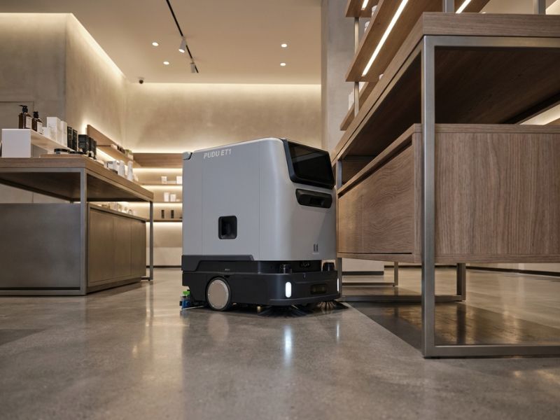 PUDU ET1 Reinigungsroboter bei der autonomen Bodenreinigung unter niedrigen Möbeln im Innenbereich